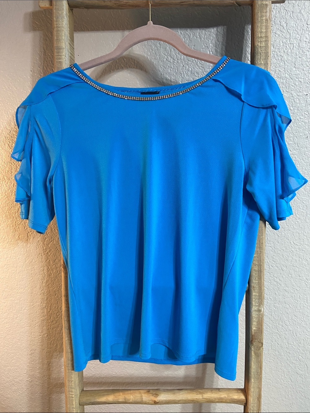 Crystal-Trim Ruffle Sleeve Top - Blue